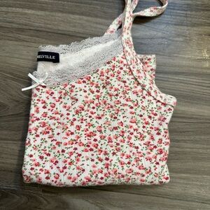 Brandy Melville White and Pink Floral Top
